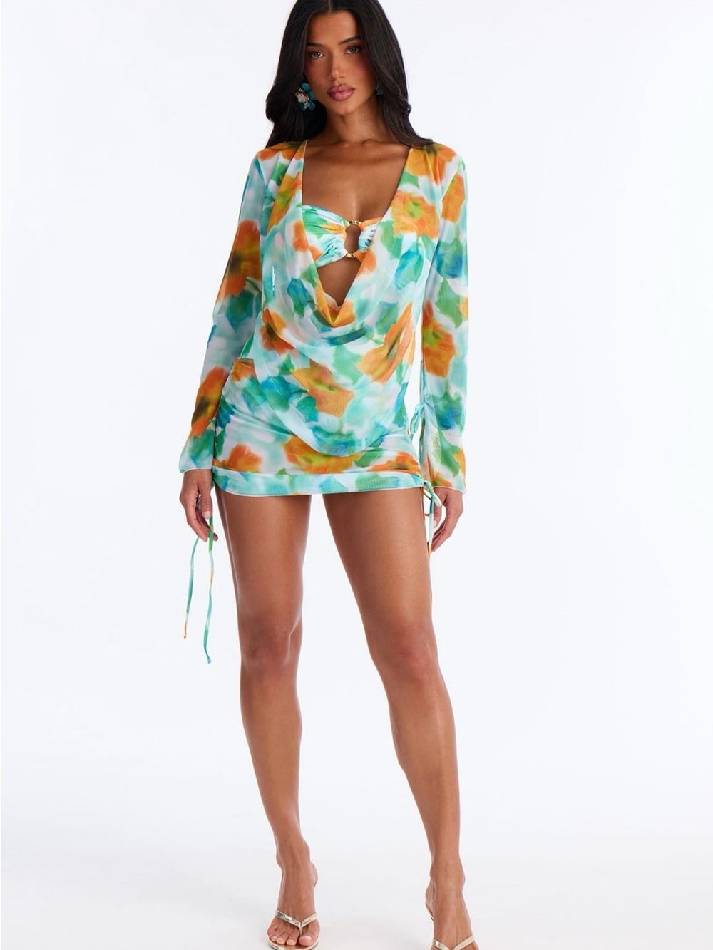 Fashion Nova Teal, Orange & White Watercolor Swim Cover-Up Dress